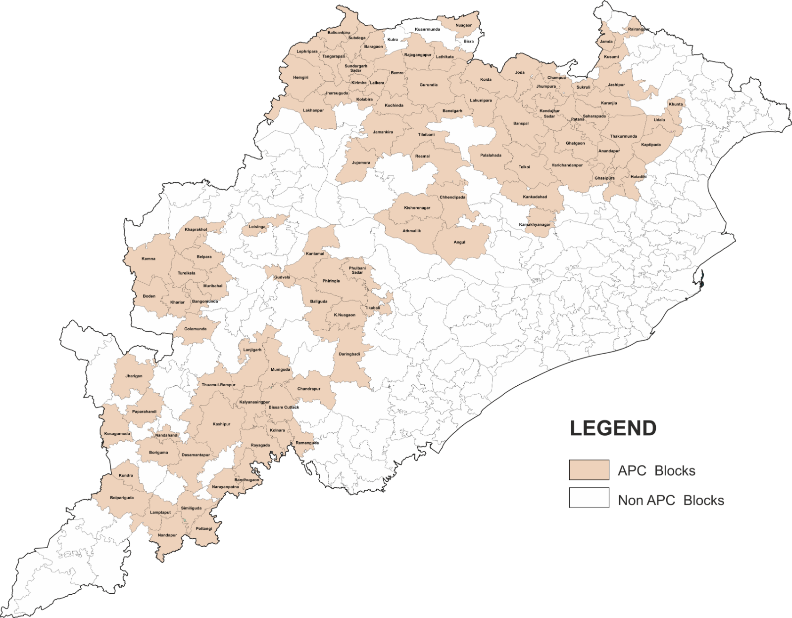 Odisha project coverage map showing APC and non-APC blocks